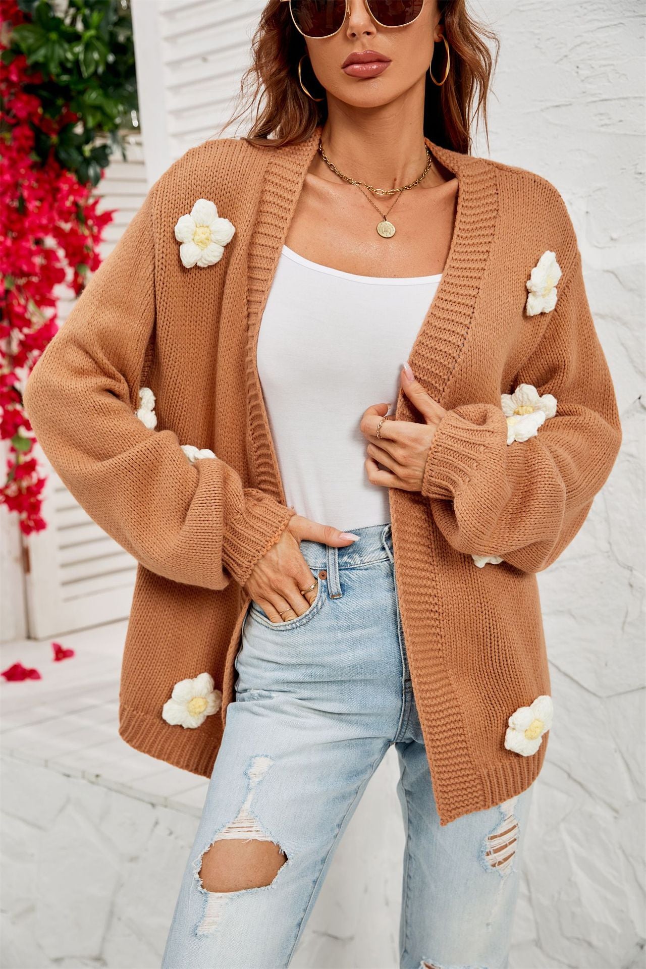 Chandails d'hiver à manches lanterne à grandes fleurs pour femmes