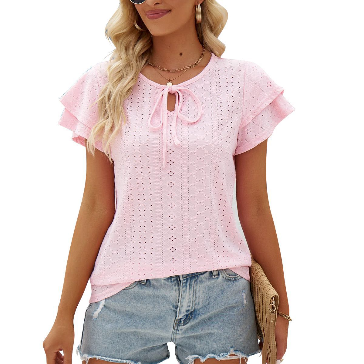 Women's Summer Hole Hollow-out Lace-up Double-layer Sleeve Blouses