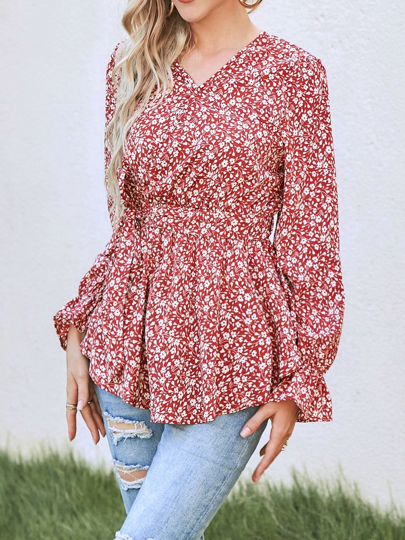 Autumn Fashion Printed Lace Up Long Blouses