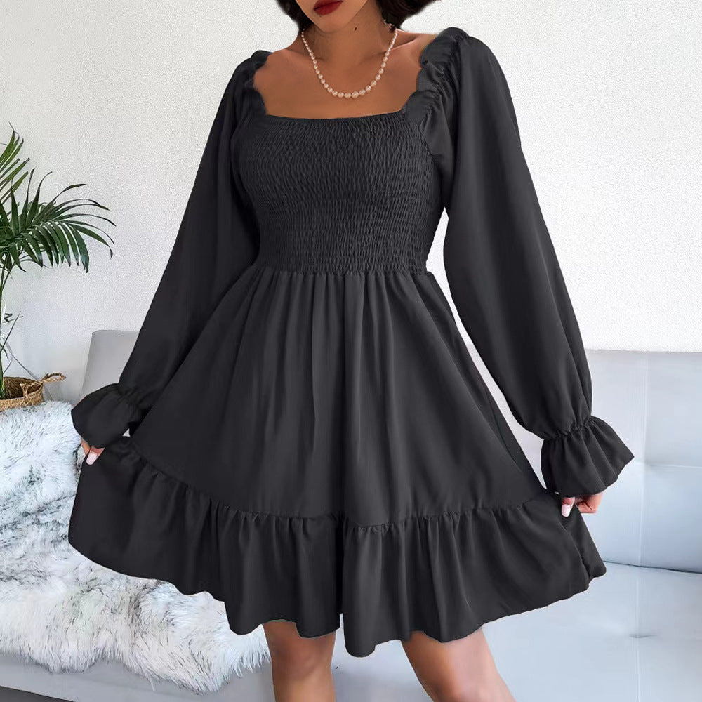 Women's Square Collar Flared Long Sleeve Ruffled Dresses