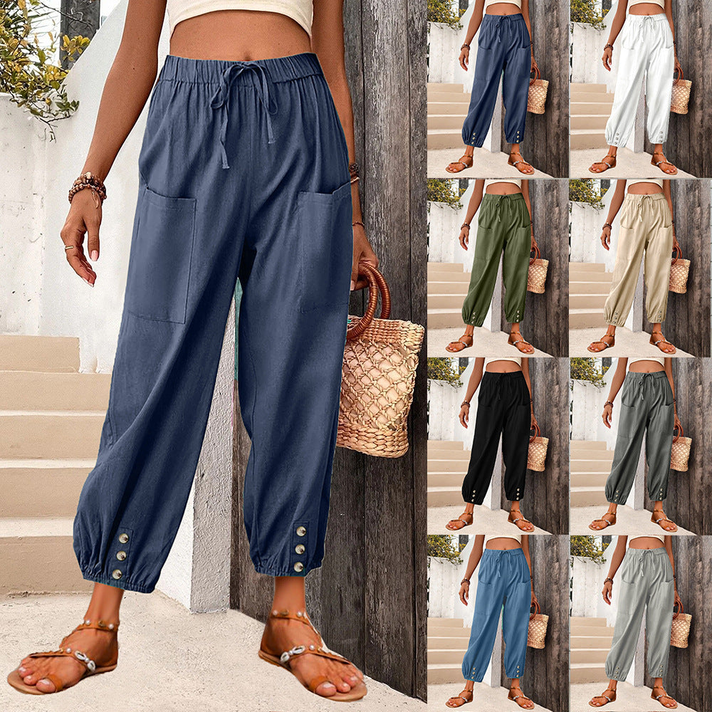 Women's Trendy Loose High Waist Button Linen Trousers Cropped Pants