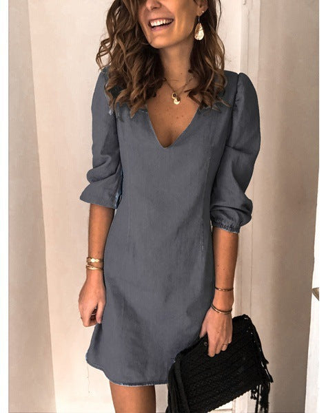 Women's Solid Color V-neck Half Sleeves Loose Dresses