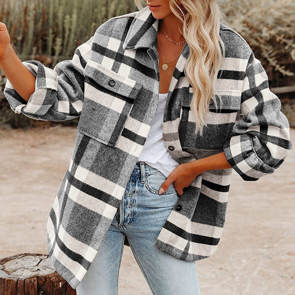 Women's Plaid Button Flannel Woolen Shirt Blouses