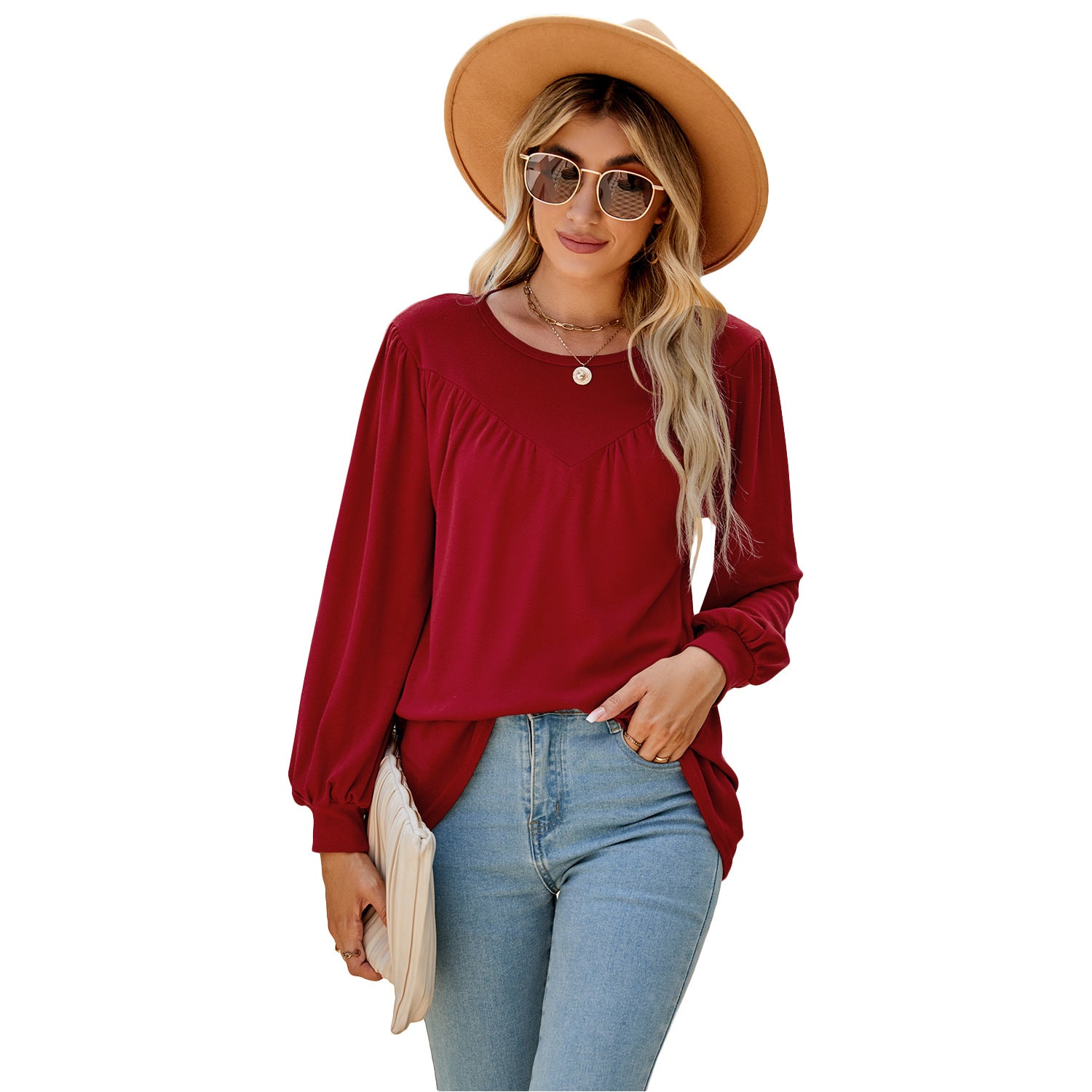 Women's Lantern Sleeve Loose Round Neck T-shirt Casual Blouses