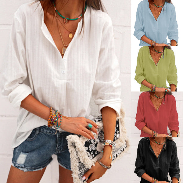 Women's Graceful V-neck Striped Linen Loose Blouses