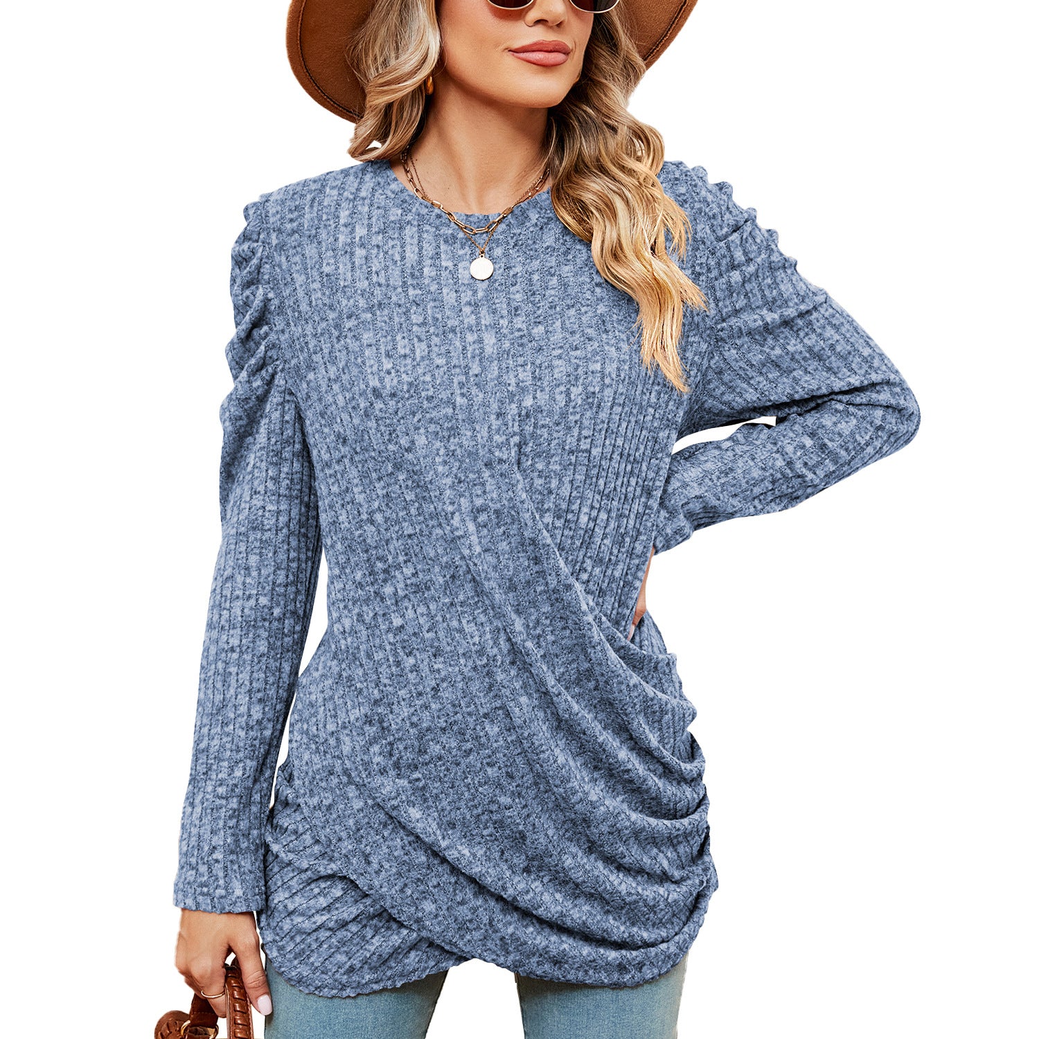 Women's Color Round Neck Twist Long Sleeve Blouses