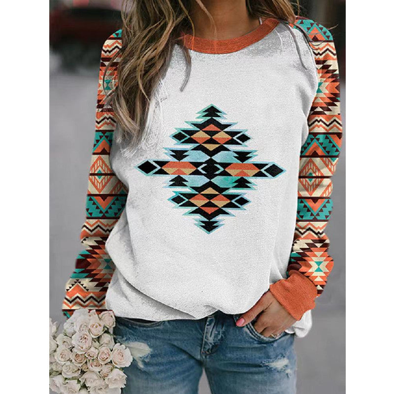 Women's Printed Geometric Pattern Round Neck Long Sweaters