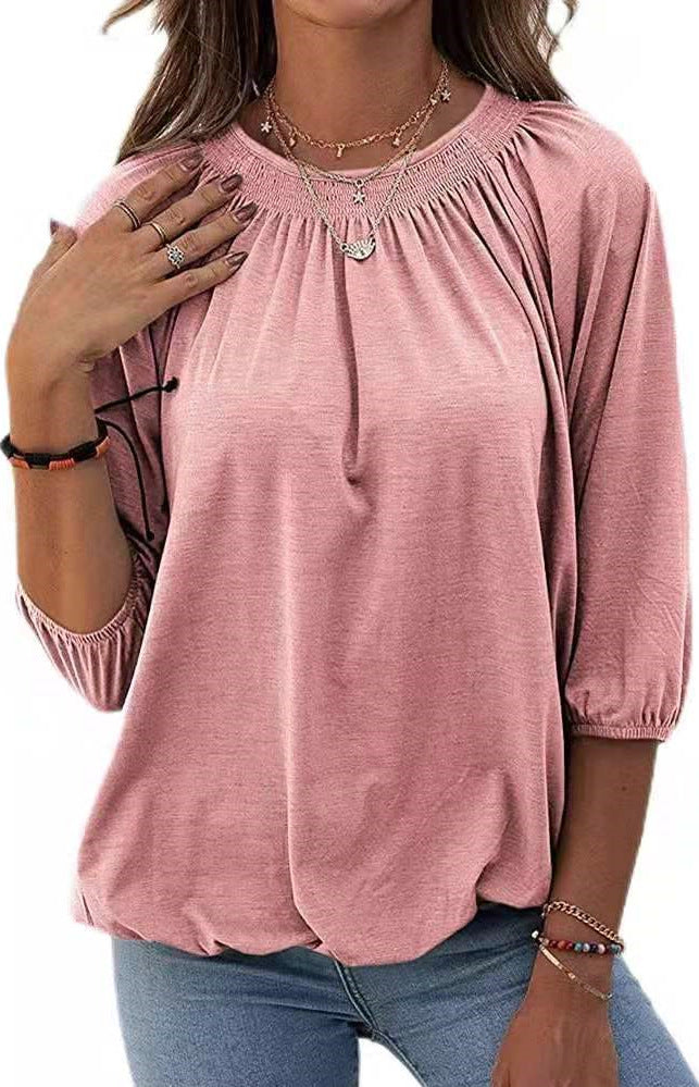 Women's Spring Solid Color Loose Round T-shirt Blouses