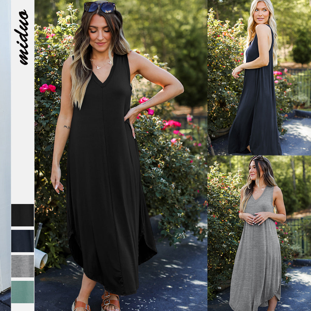 Women's Summer Loose V-neck Sleeveless Long Comfortable Dresses