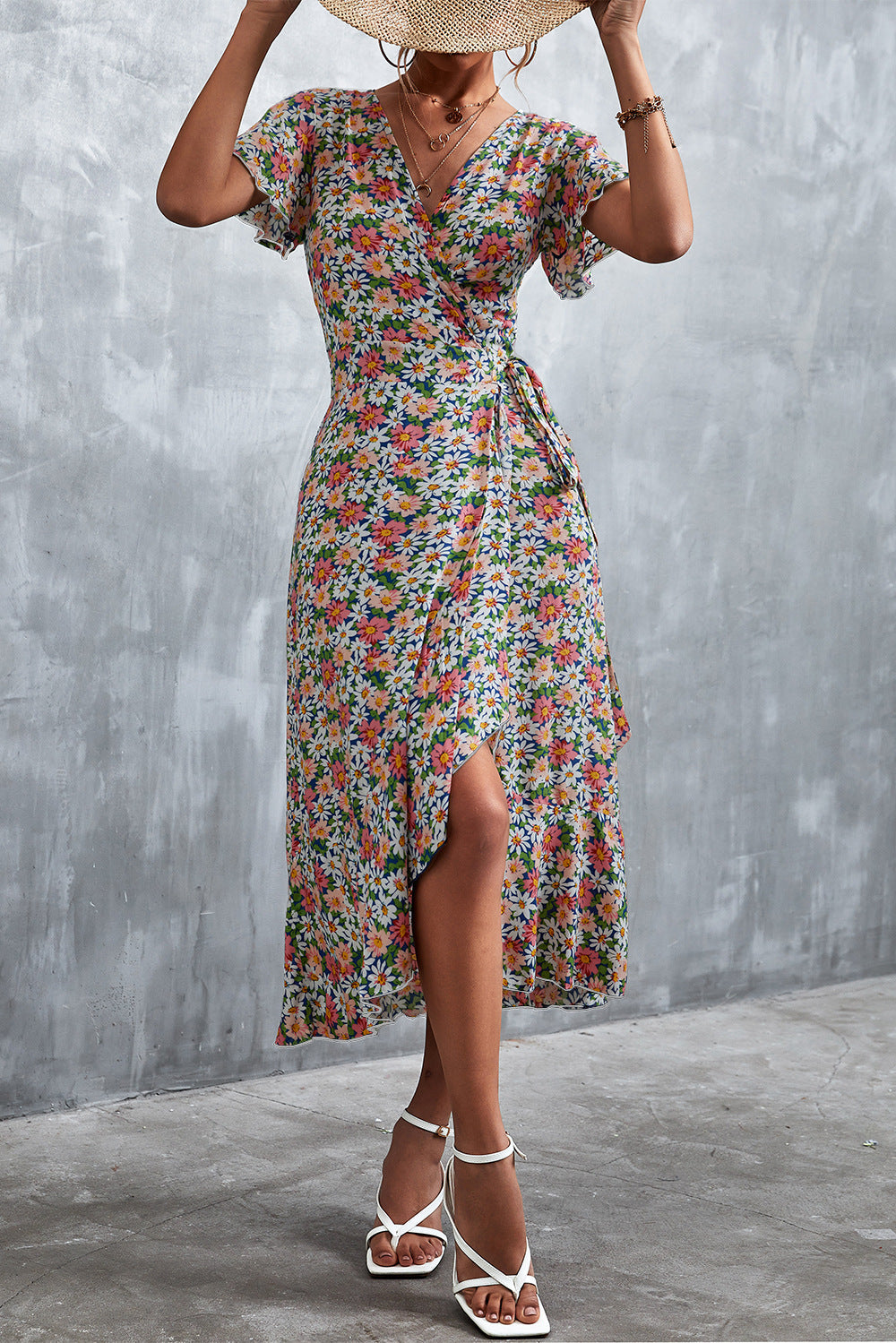 Robe longue florale bohème à col en V croisé