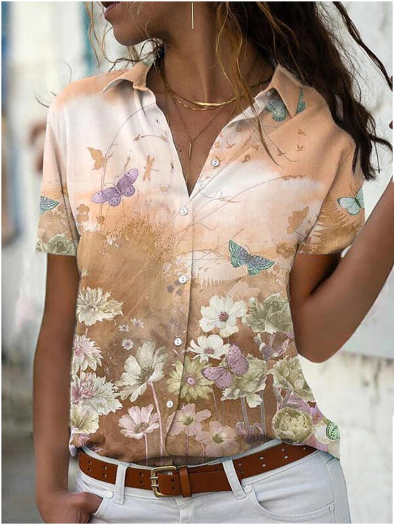 Women's Comfortable Printed Short-sleeved Lapel Shirt Blouses