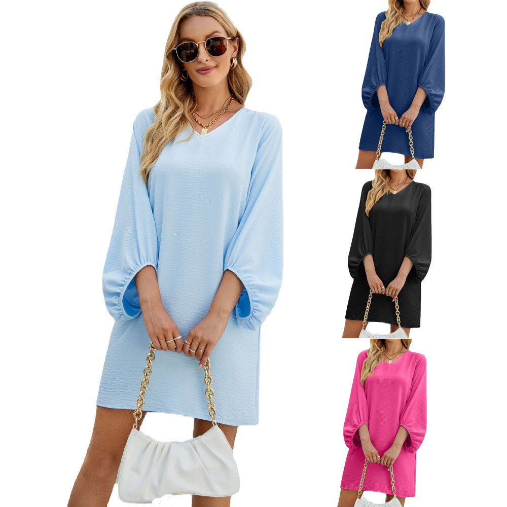 Women's Color V-neck Three-quarter Sleeve Puff Loose Dresses