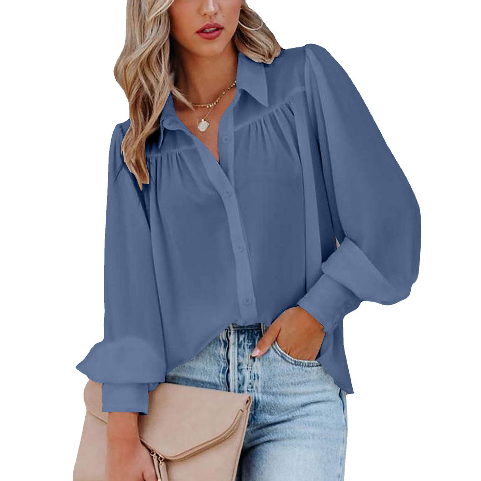 Women's Button Lantern Sleeve Pleated Solid Color Collar Loose Shirt Blouses