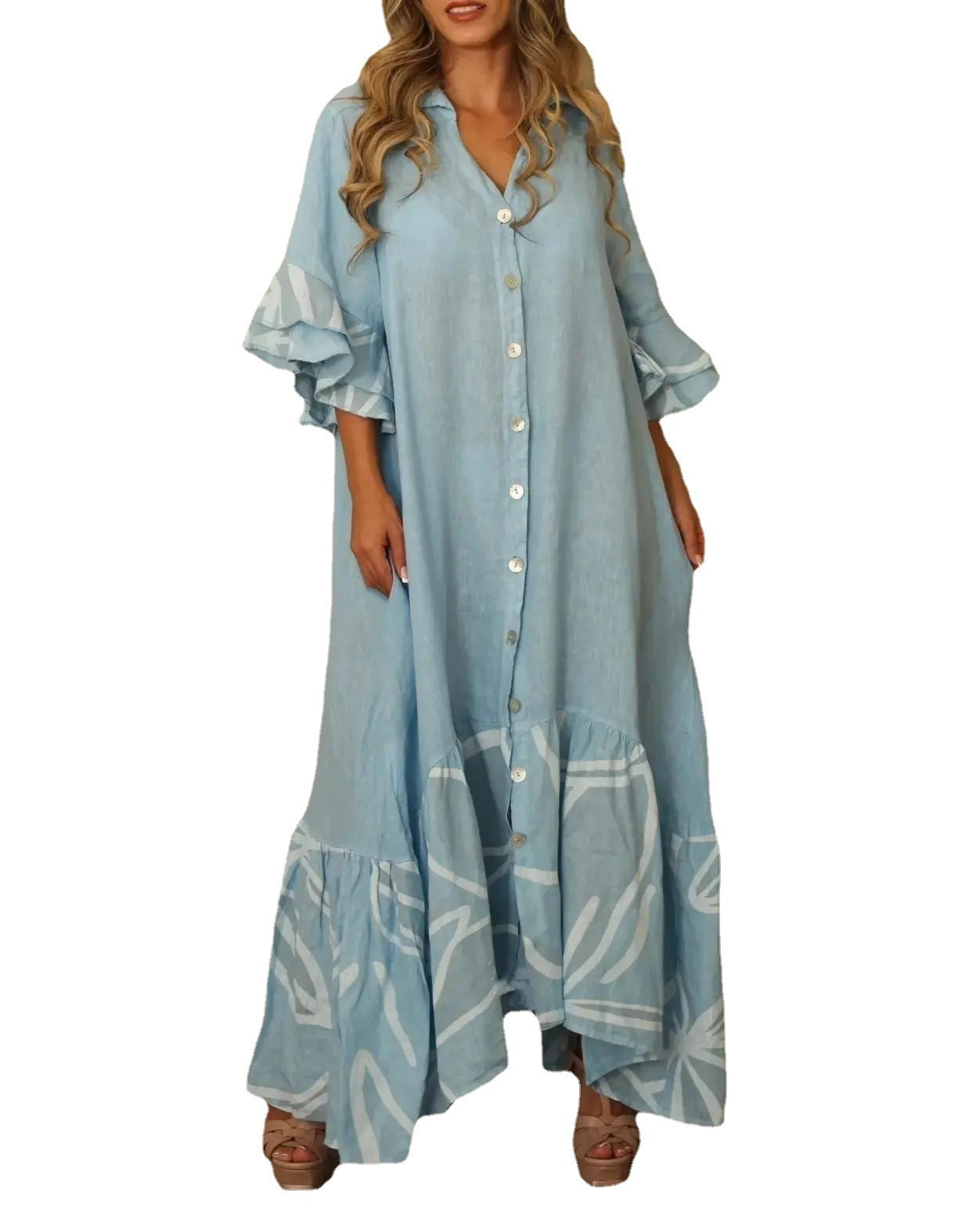 Stitching 7-point Sleeve Ruffled Long Shirt Dresses