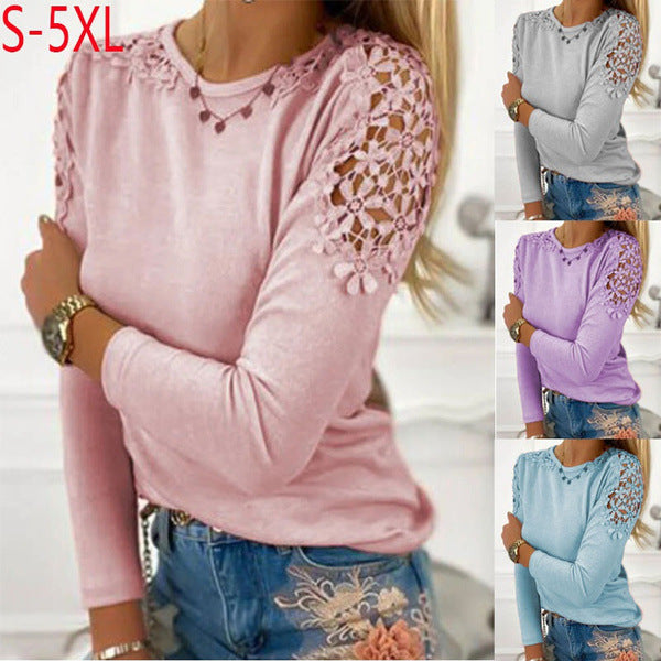 Spring Solid Color Slim-fit Hollow-out Long-sleeved Blouses