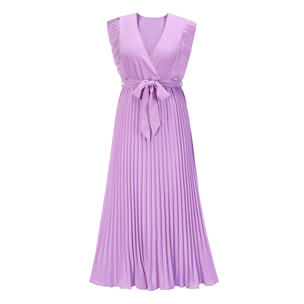 Solid Color Sleeveless Pleated Chiffon Slim Dresses