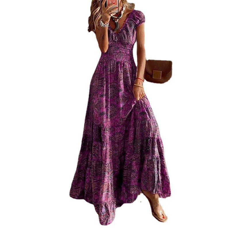 Bohemian V-neck Tight Waist Floral Large Dresses