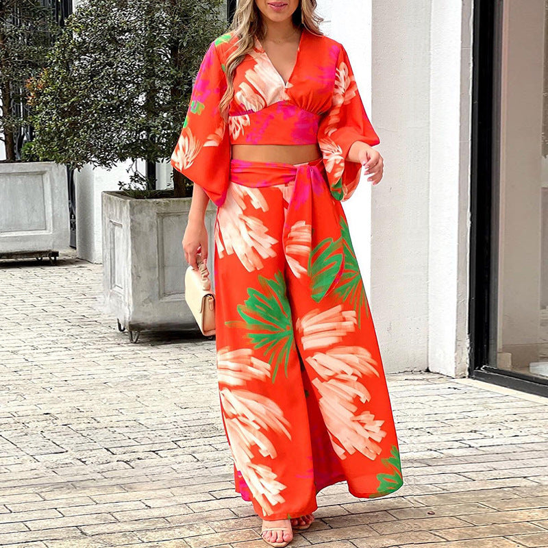 Women's Printed V-neck Lantern Sleeve High Waist Suits