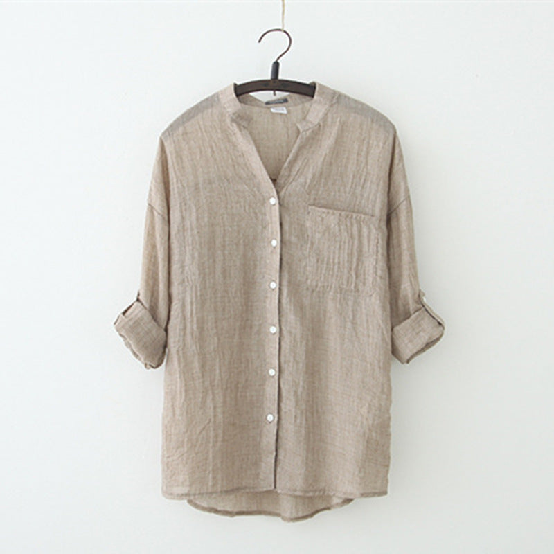 Women's Fresh Loose Cotton Linen Three-quarter Sleeve Collar Blouses