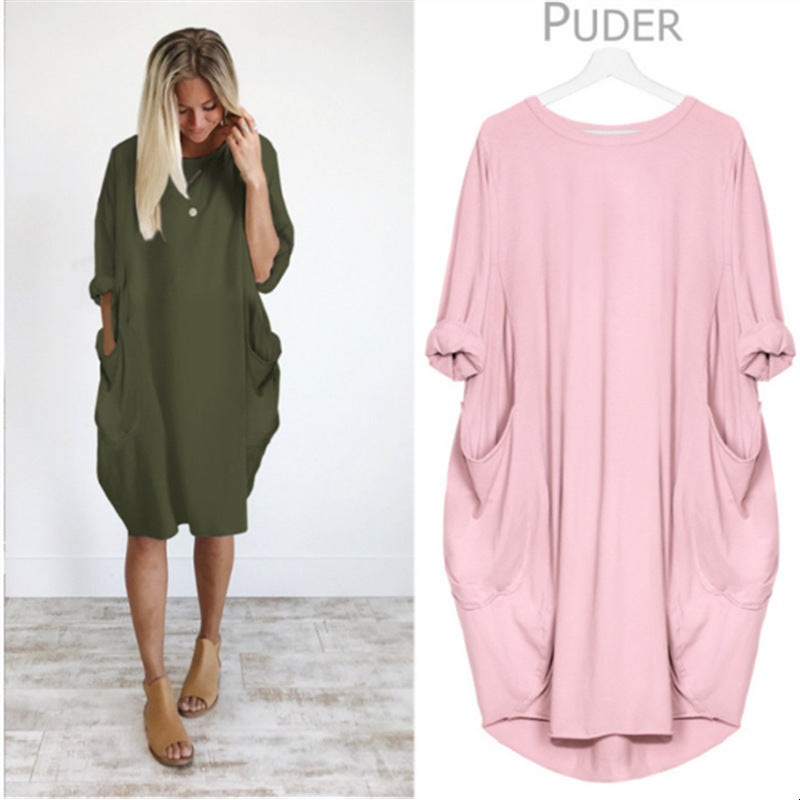 Women's Autumn Long Sleeve Round Neck Solid Color Loose Pockets Dresses