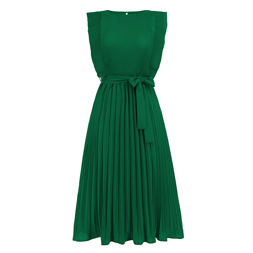 Summer Ruffle Sleeve Pleated Solid Color Dresses
