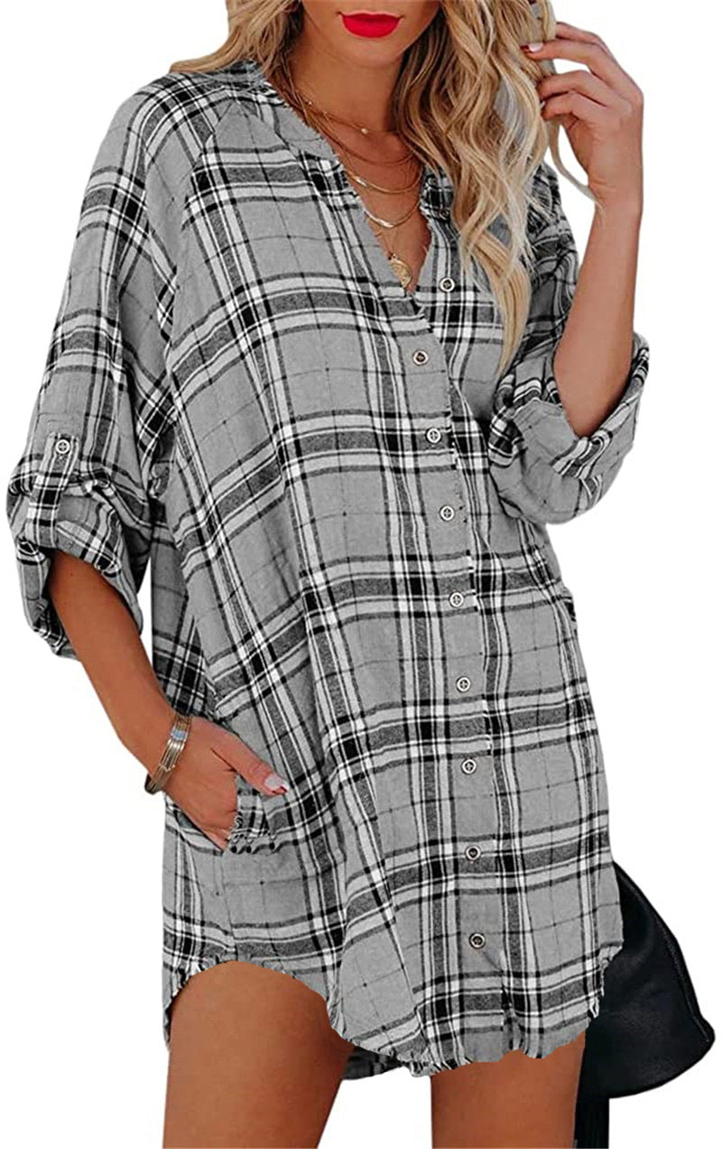 Women's Shirt Plaid Printed V-neck Long Sleeve Blouses