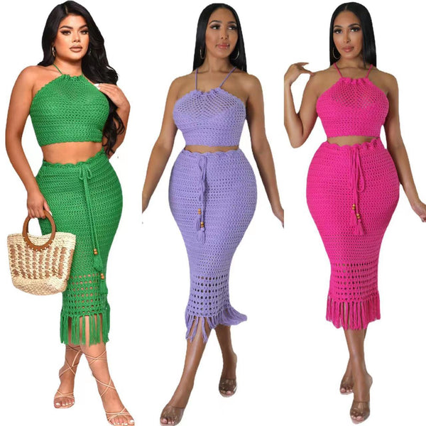 Women's Tassel Fishnet Knit Two-piece Set Suits