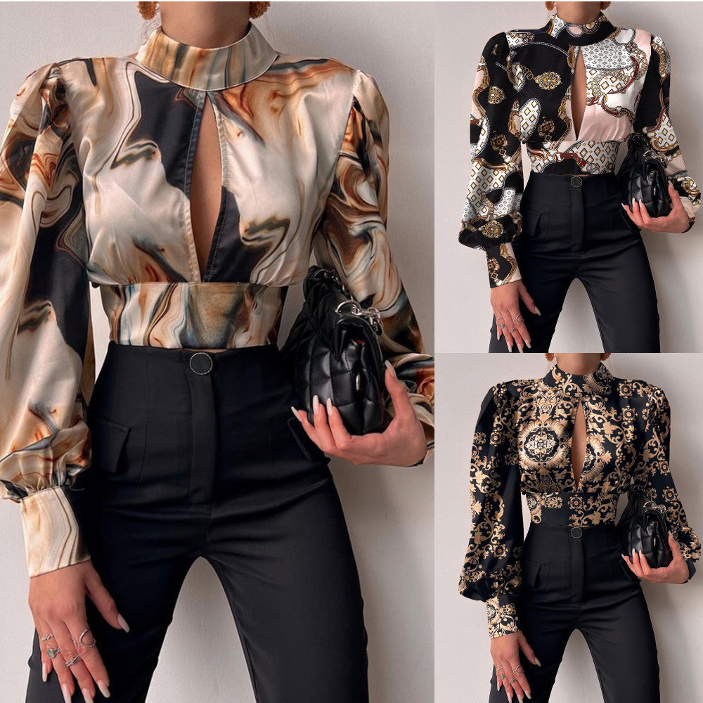 Women's Spring Stand-collar Hollow-out Lantern Sleeve Backless Blouses