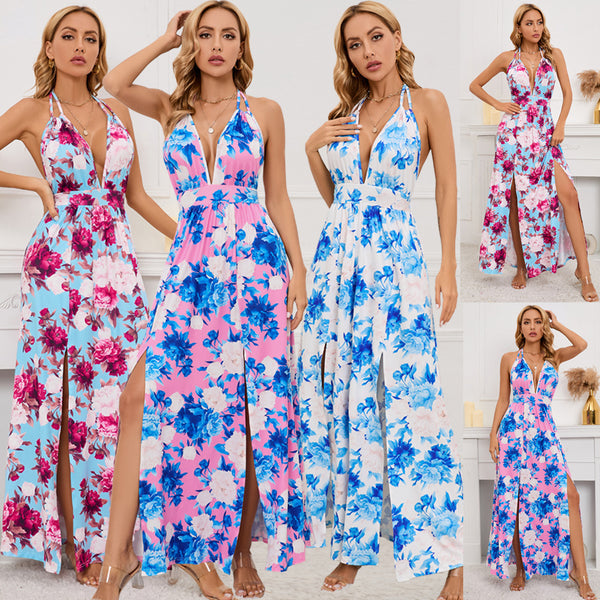 Women's V-neck Up Summer Hem Slit Printed Dresses