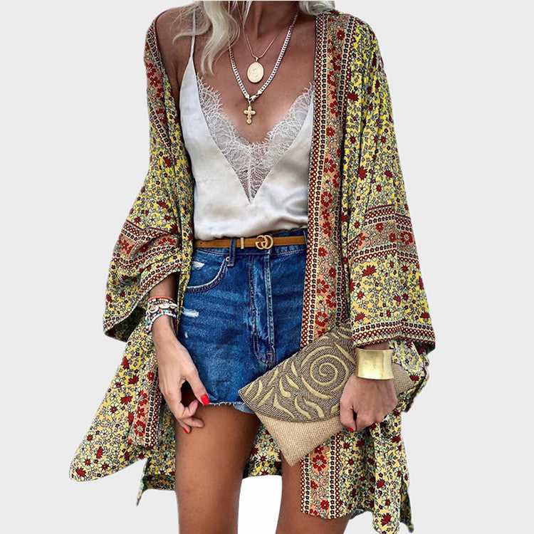 Women's Summer Thin Loose Bohemian Long Sleeve Printed Blouses