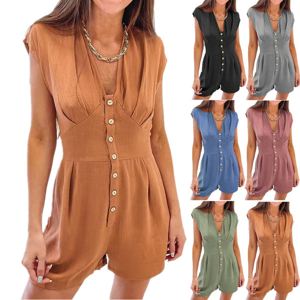 Versatile Women's Summer Button Stitching Short-sleeved Jumpsuits