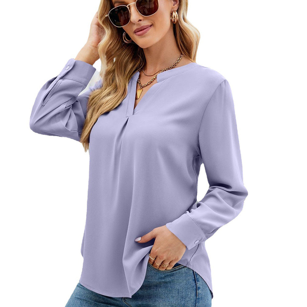 Women's Color Chiffon Shirt Loose V-neck Pullover Long Blouses