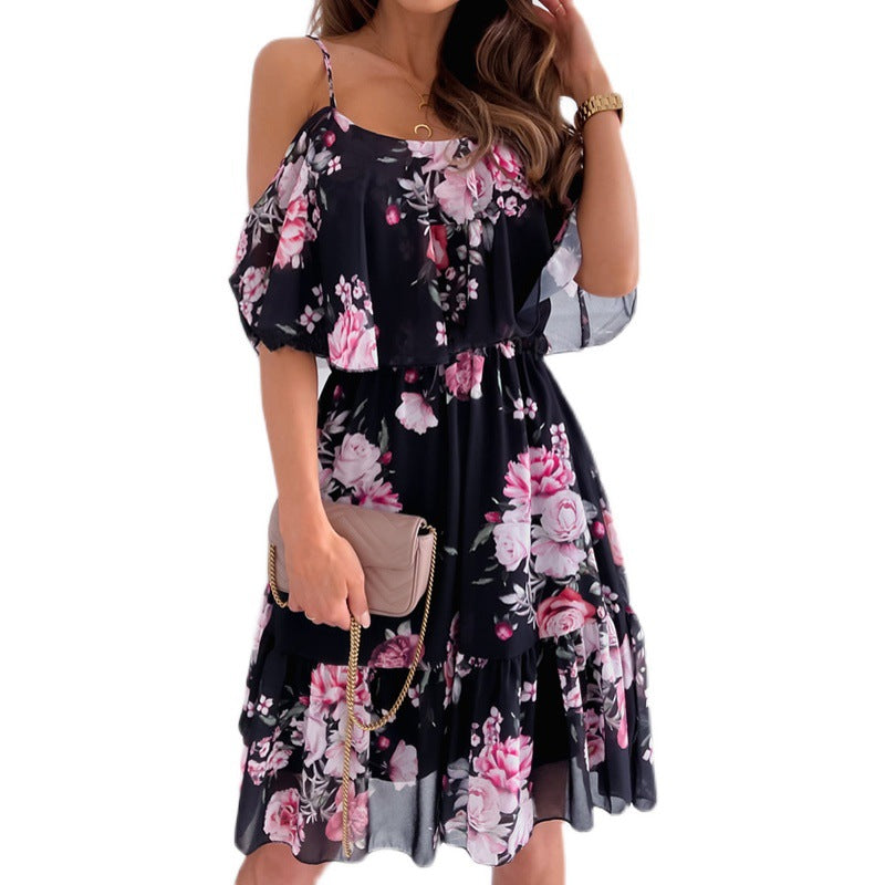 Chiffon Printed Off-the-shoulder Strap Sexy Dress Dresses