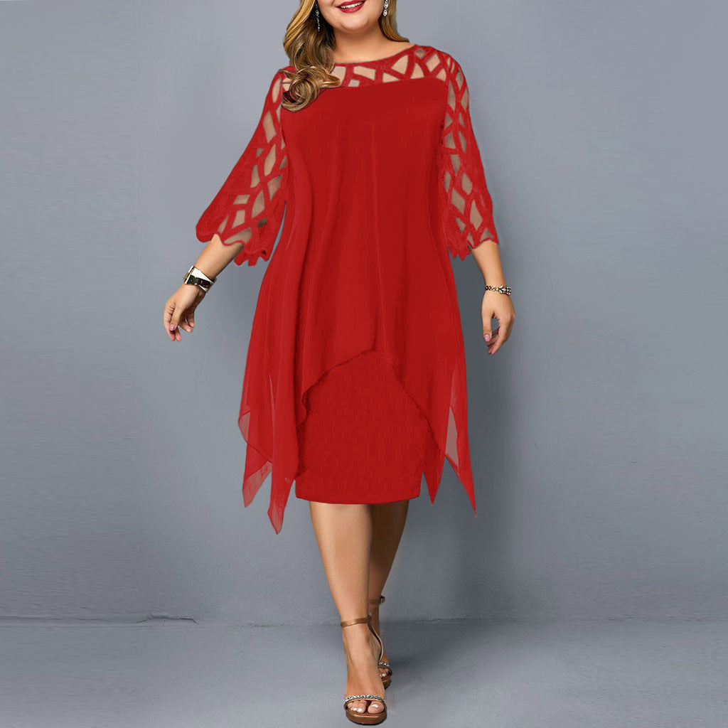 Lace Stitching 3/4 Sleeve Irregular Hem Chiffon Dresses