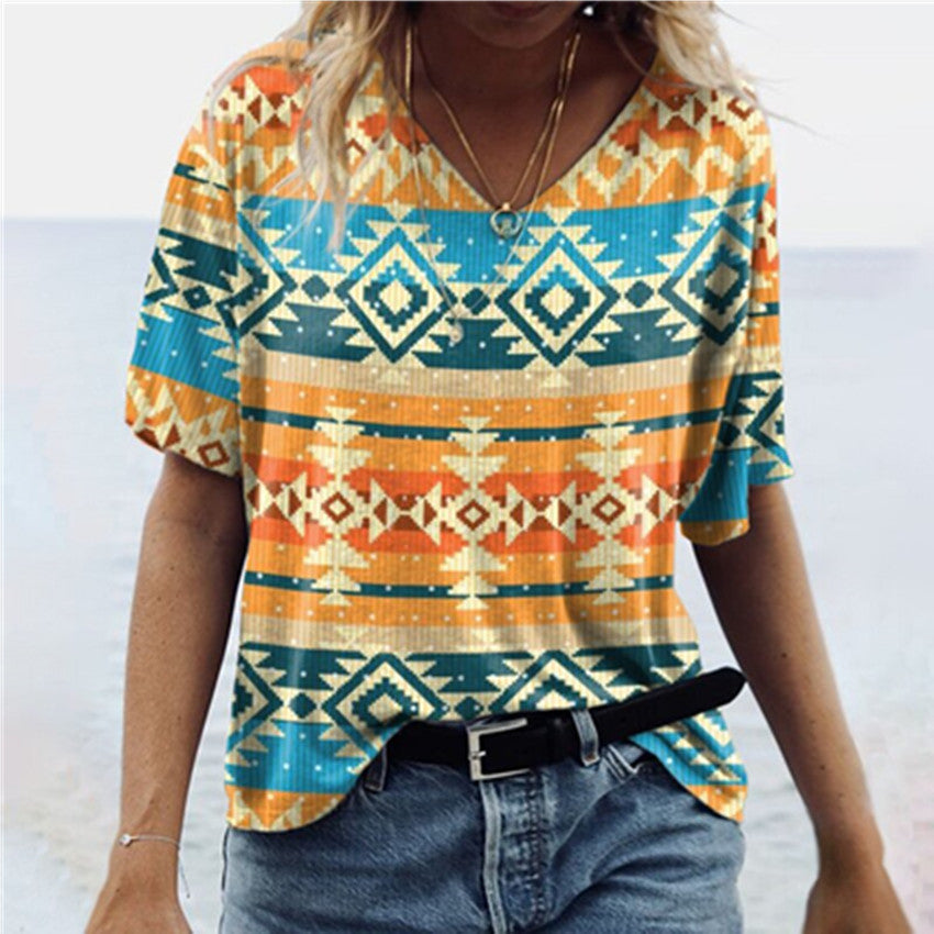 Women's Vintage Printed Geometric Pattern V-neck Sleeve Tops