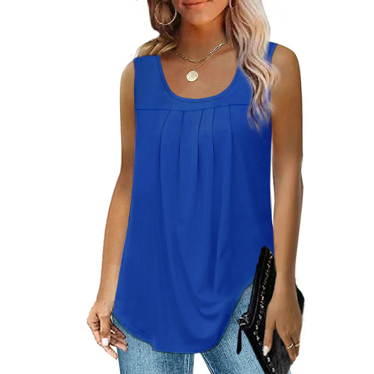 Women's Pleated Round Neck Dovetail Sleeveless Blouses