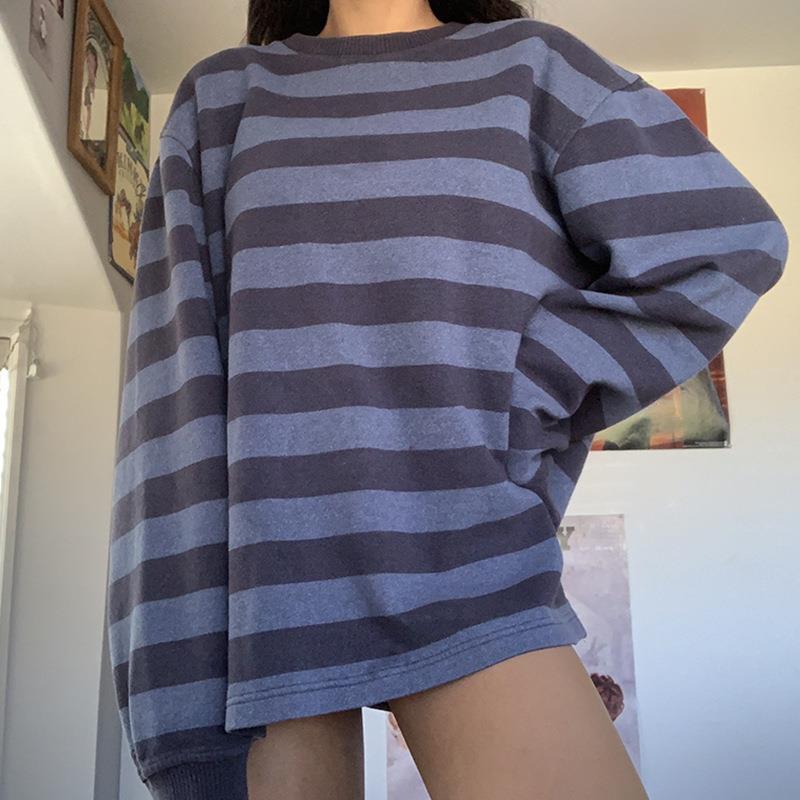 Women's Striped Print Color Long Sleeves Neck Sweatshirt Spring Sweaters