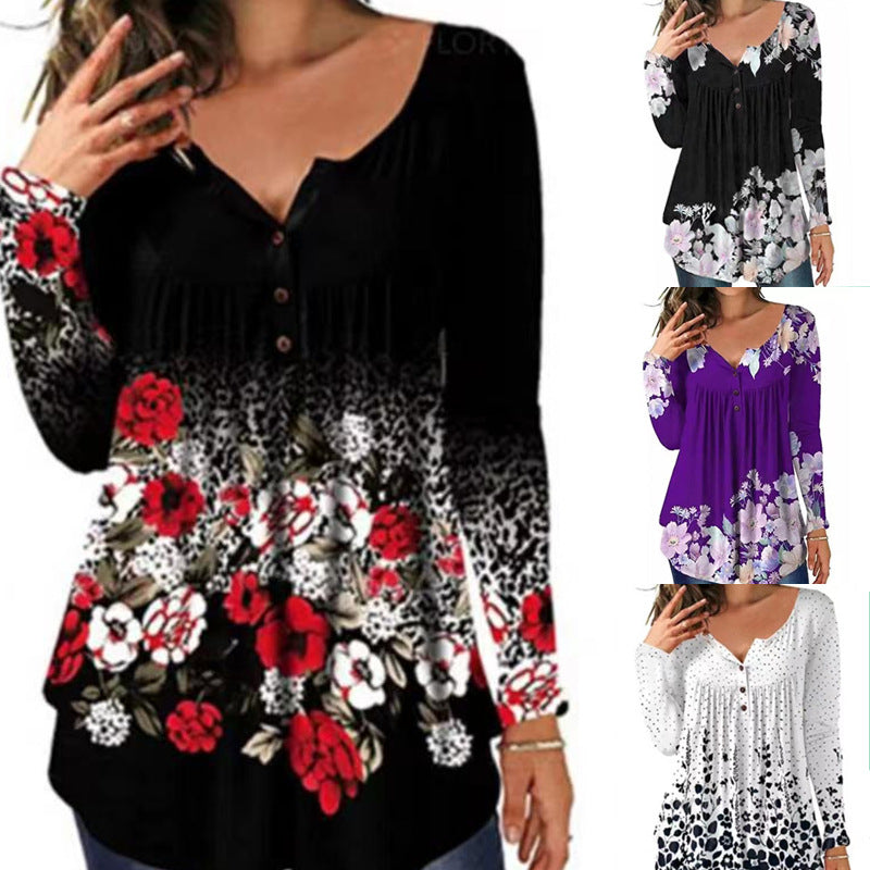 Women's Autumn Slim Fit Slimming Round Neck Breasted Flower Blouses