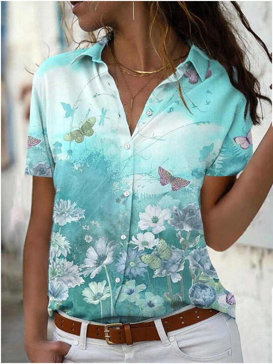 Women's Comfortable Printed Short-sleeved Lapel Shirt Blouses