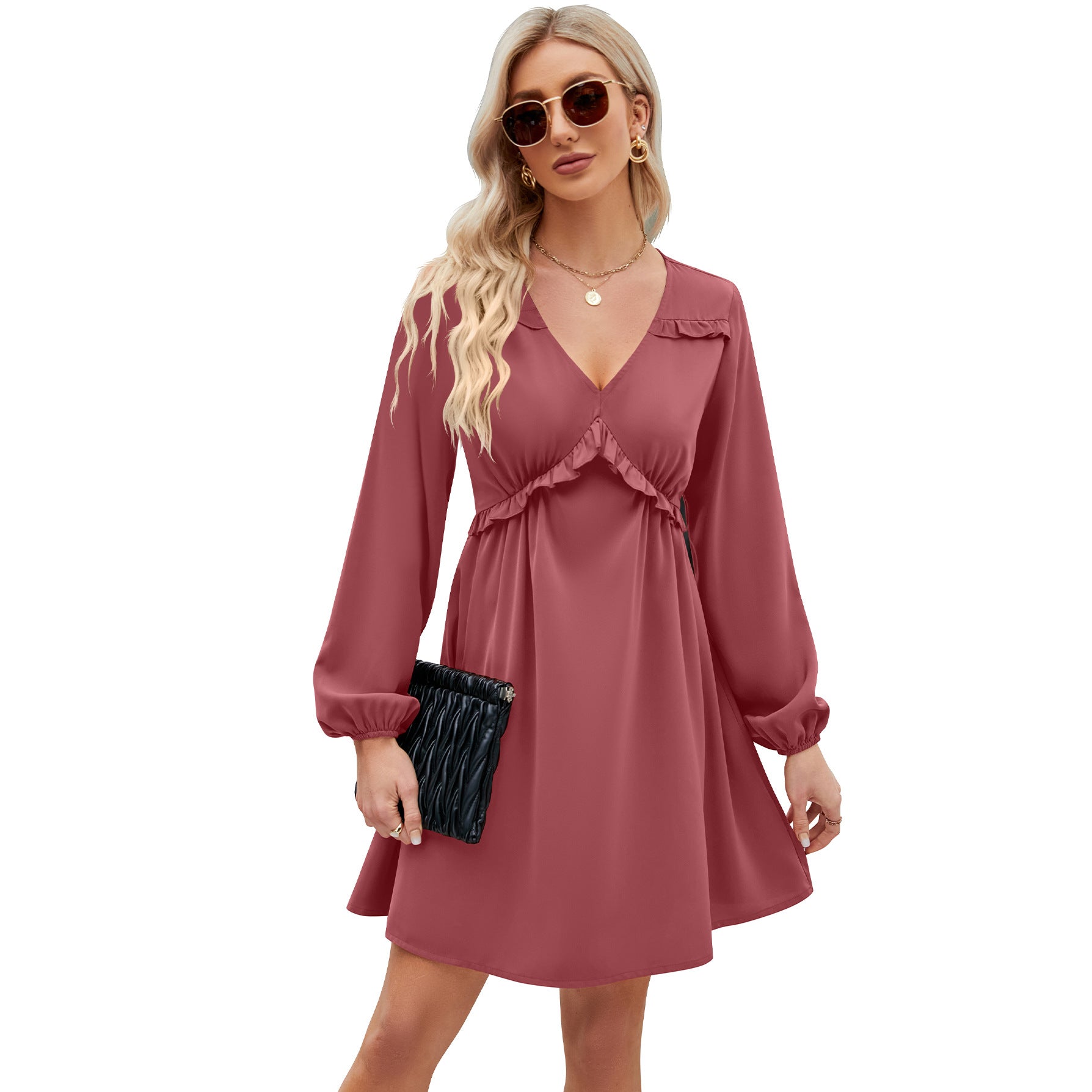 Women's Lace-up V-neck Pleated Long Sleeve Gown Dresses