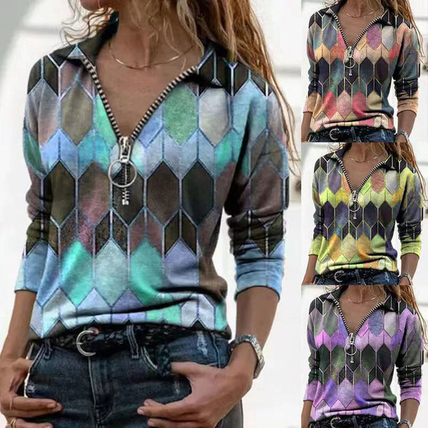 Slim Fit Printed V-neck Long Sleeve Blouses