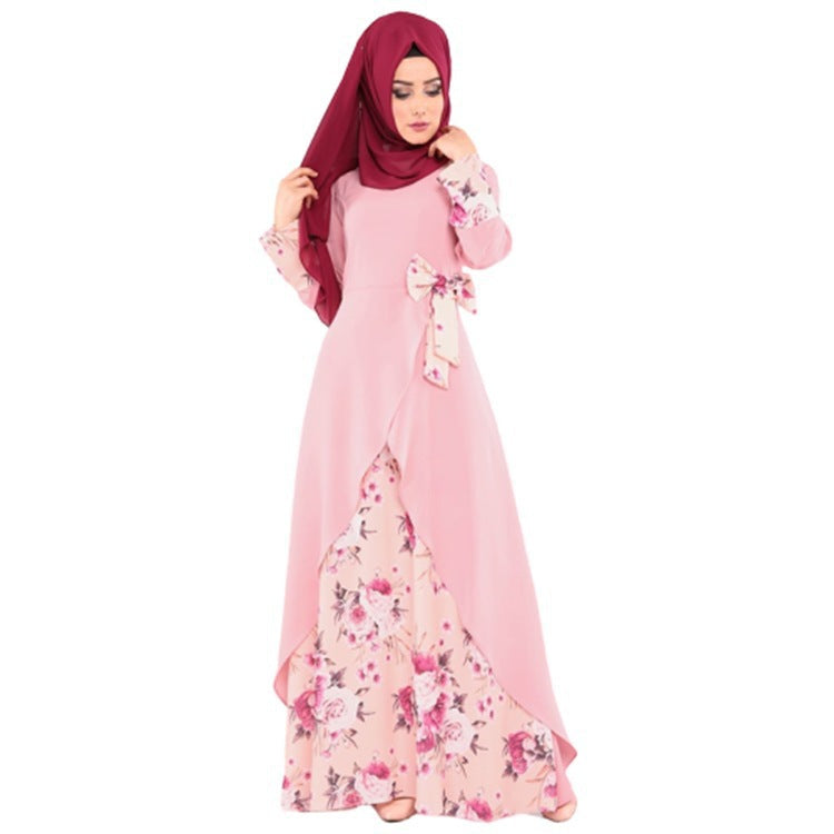 Muslim Long Sleeve Dress Multi-color Printed Loose Waist Dresses