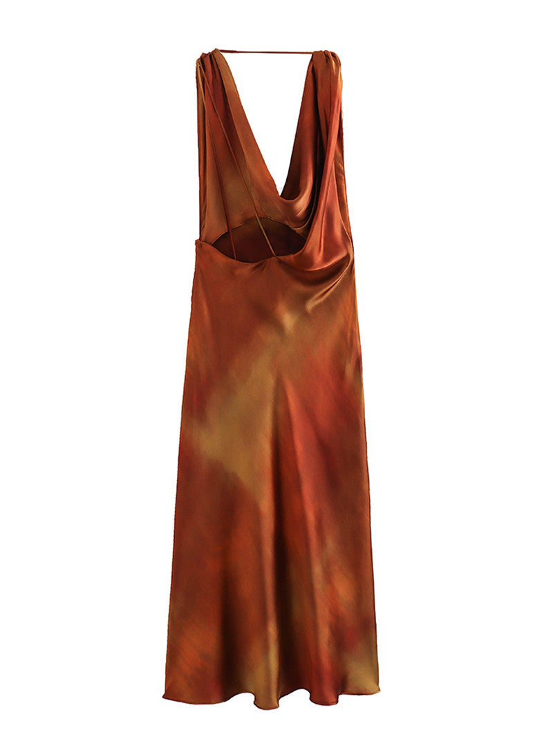 Women's Draped Collar Silk Satin Textured Printed Dresses