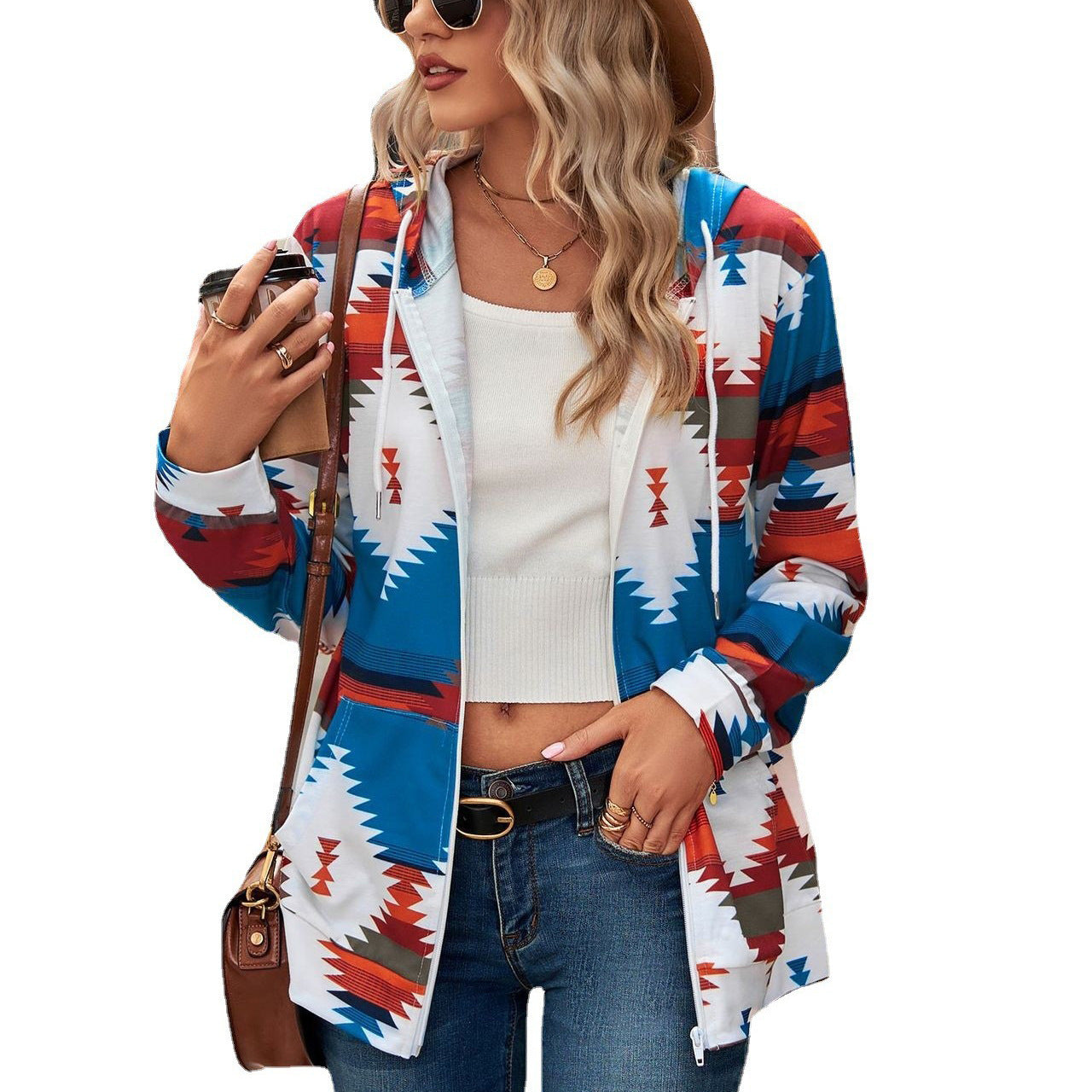 Geometric Pattern Long Sleeve Loose Hooded Pocket Sweaters