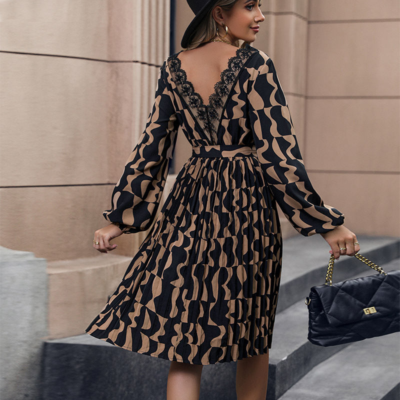 Women's Autumn Printed Long Sleeve Dress Mid-length Dresses