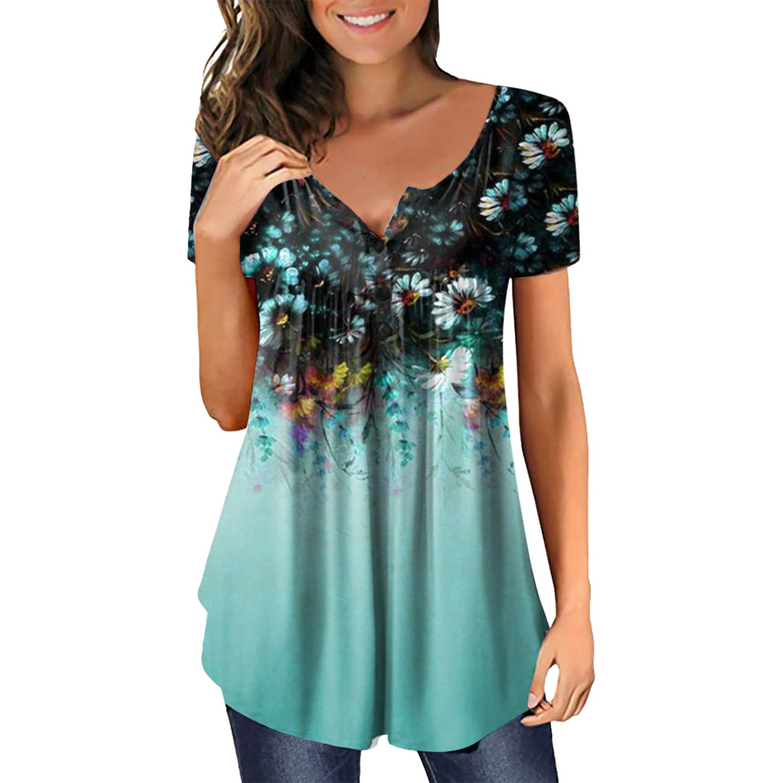 Women's Sleeve Printed Pleating Button Loose V-neck Blouses