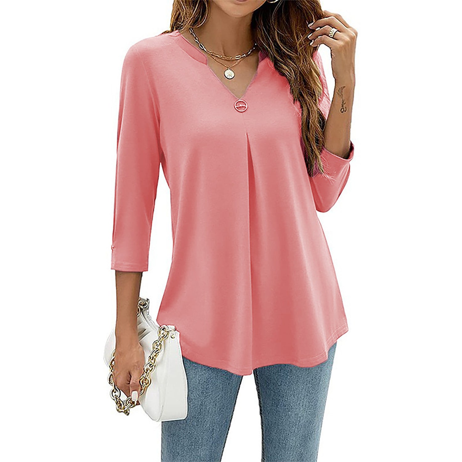 V-neck Three-quarter Sleeve Tight Decorative Buckle Pleated Blouses