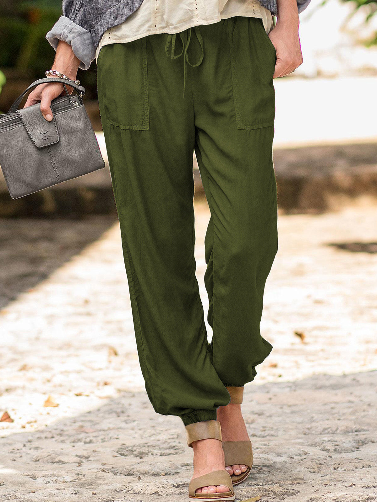 Women's Lace-up Trousers Solid Color Elastic Pocket Pants