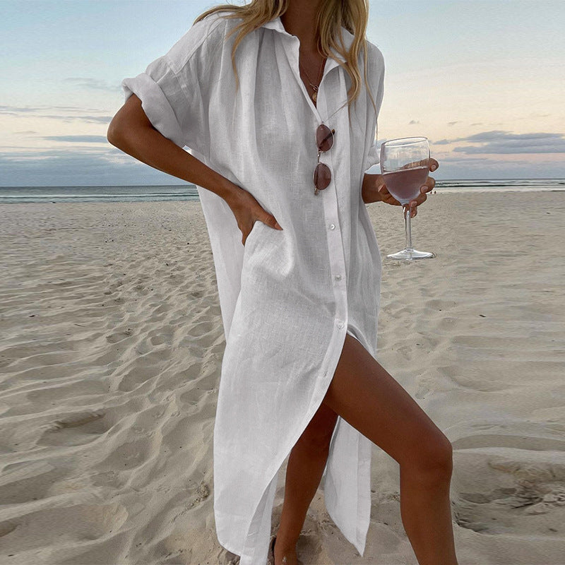 Women's Solid Color Long Sleeves Mid-length Linen Dresses