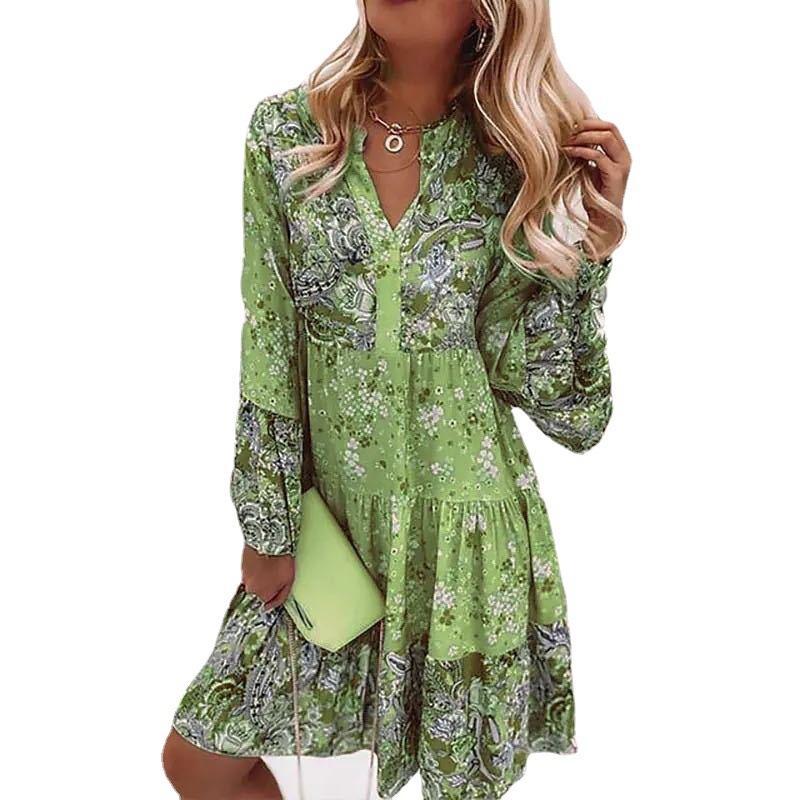 Summer Printed Loose Fashionable V-neck Pleated Dresses